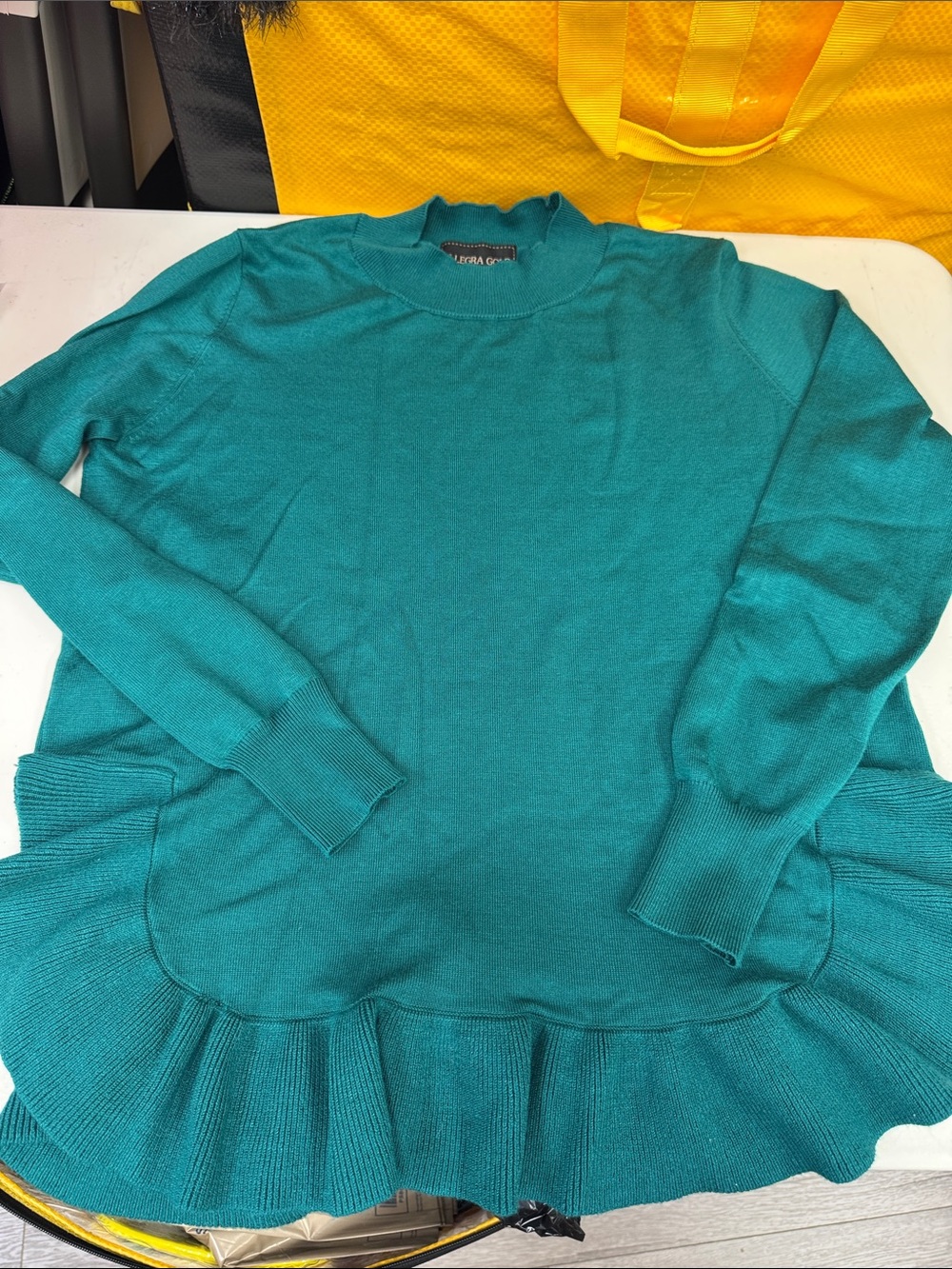 Allegra Gold size small Teal Ruffle-Hem Women's Sweater long sleeve 80% rayon